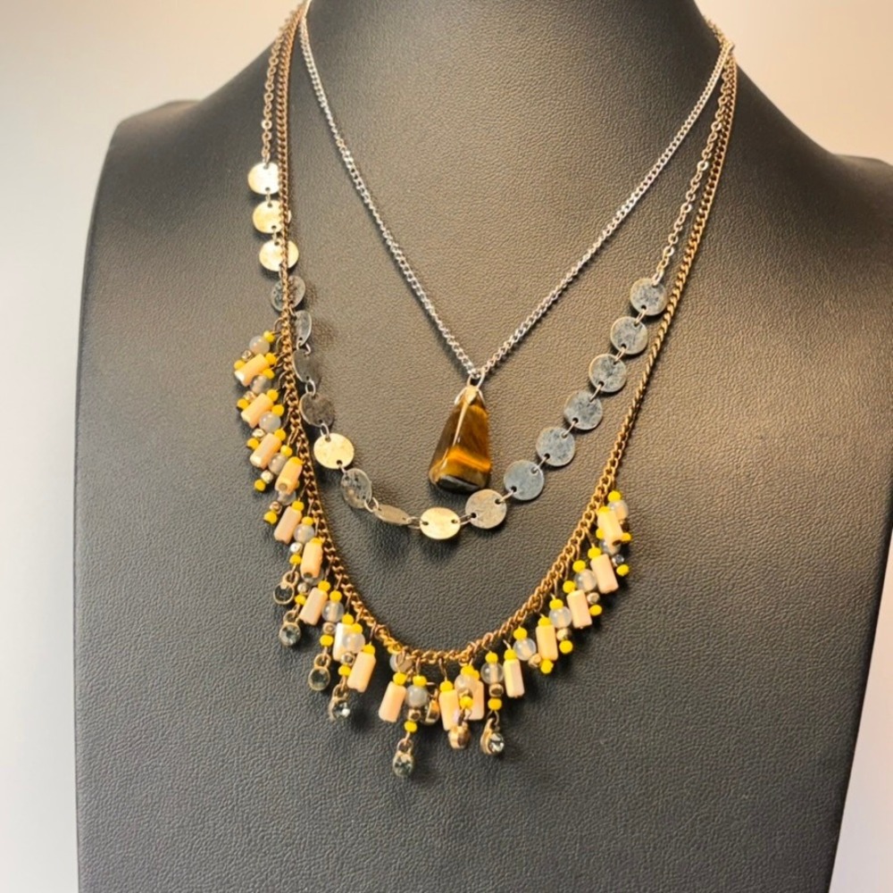Vintage Y2K Layered Necklace Set Gold Silver Brown Boho Tiger Eye Statement